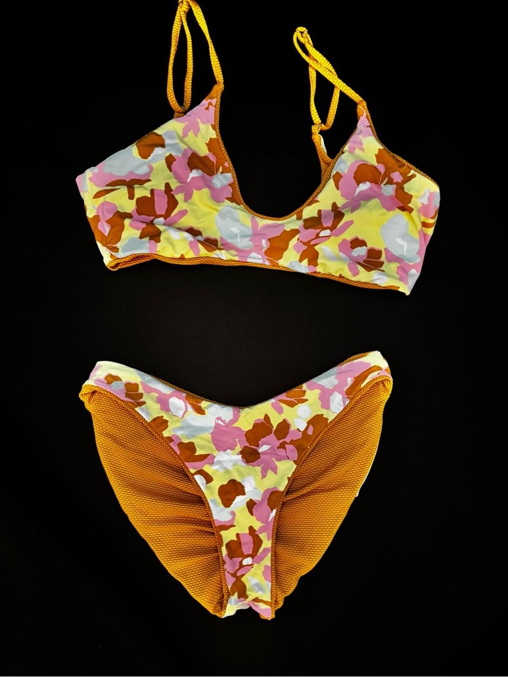 Maaji Reversible Mustard Textured Bikini with Pink & Brown Floral Accent / XS